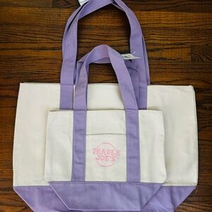 NWT Trader Joe's Purple and Cream Tote Bag Set